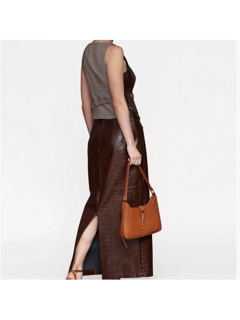 Avec Les Filles Brown Chocolate Faux Leather Buckle Detail Maxi Skirt / Vest Set